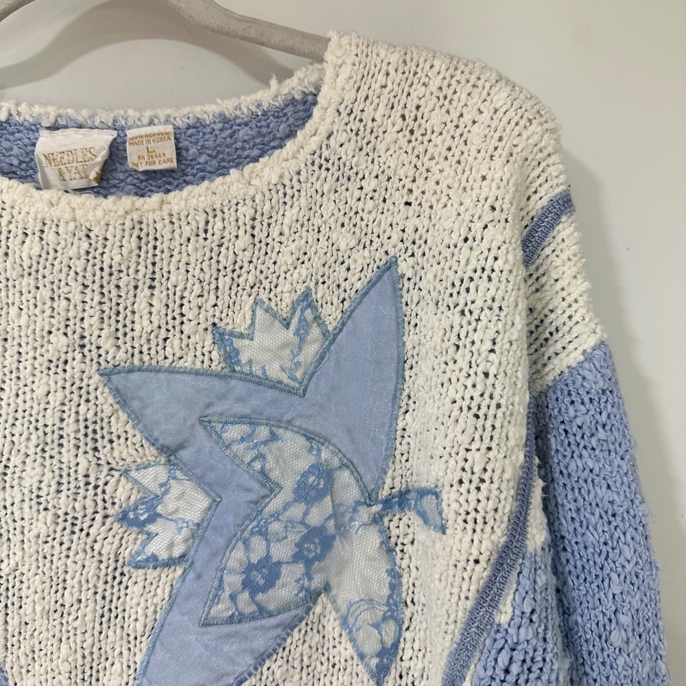Needles & Yarn Vintage Sweater Womens Large Blue White Lace Leaf Popcorn Knit L